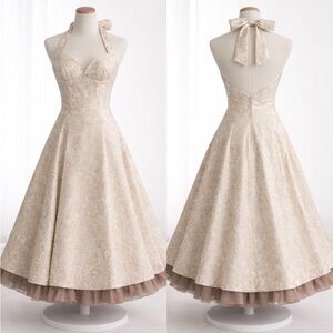 Forever Wedding dress, champagne brocade, lined, halter, formal size M